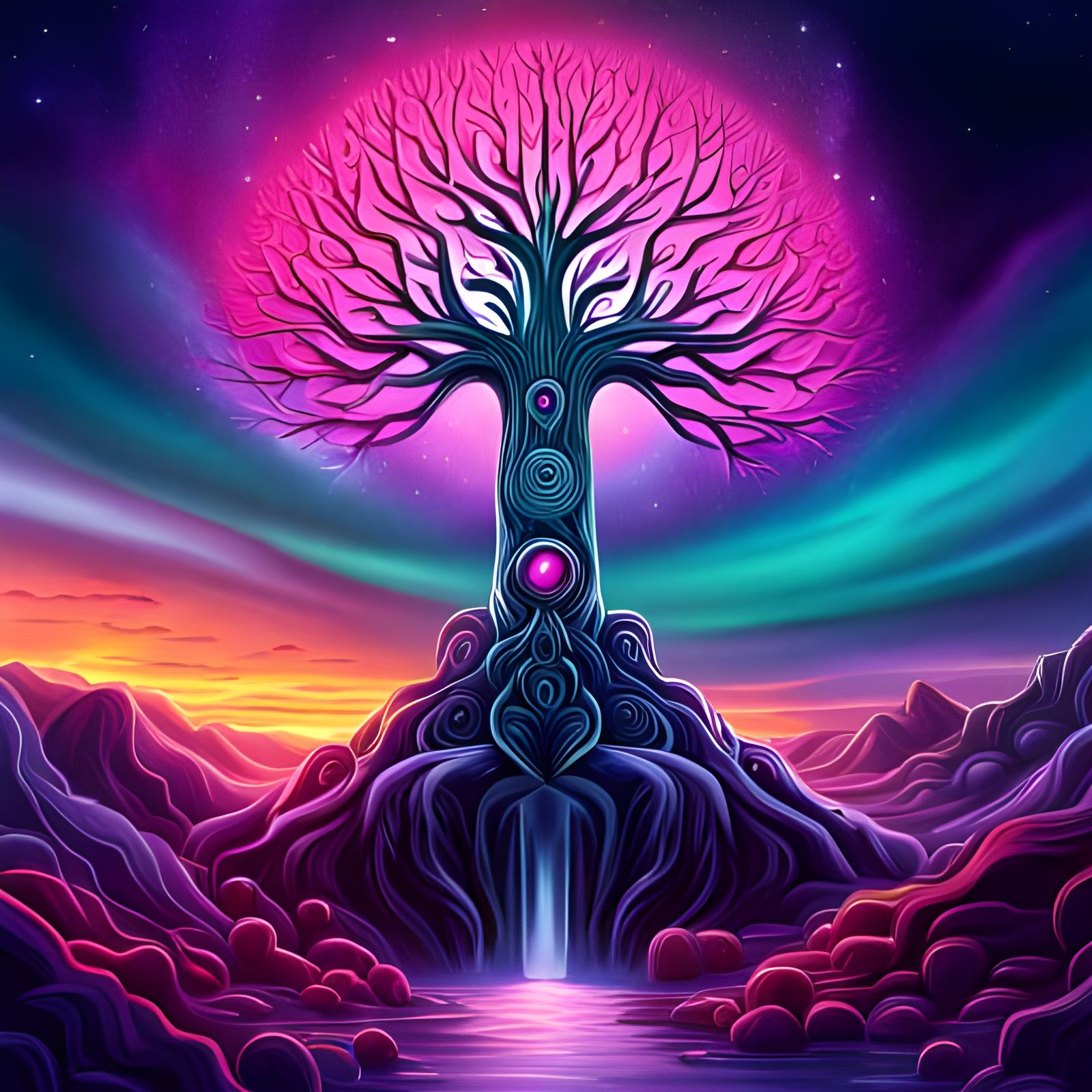 Cosmic Tree at Sunset: Intricate Wiccan Poster Art