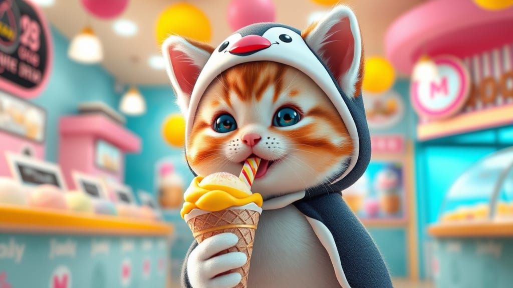 Penguin Costume Kitten Enjoys Ice Cream: 3D Anime Art