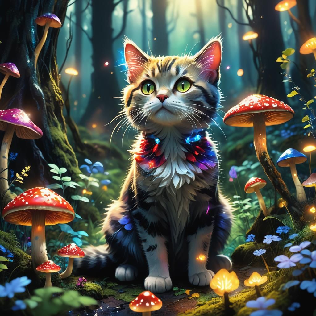 Cute Cat in Magical Forest Concept Art