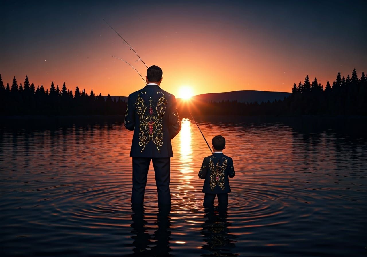 Hyper-Realistic Father and Son Fishing at Sunset