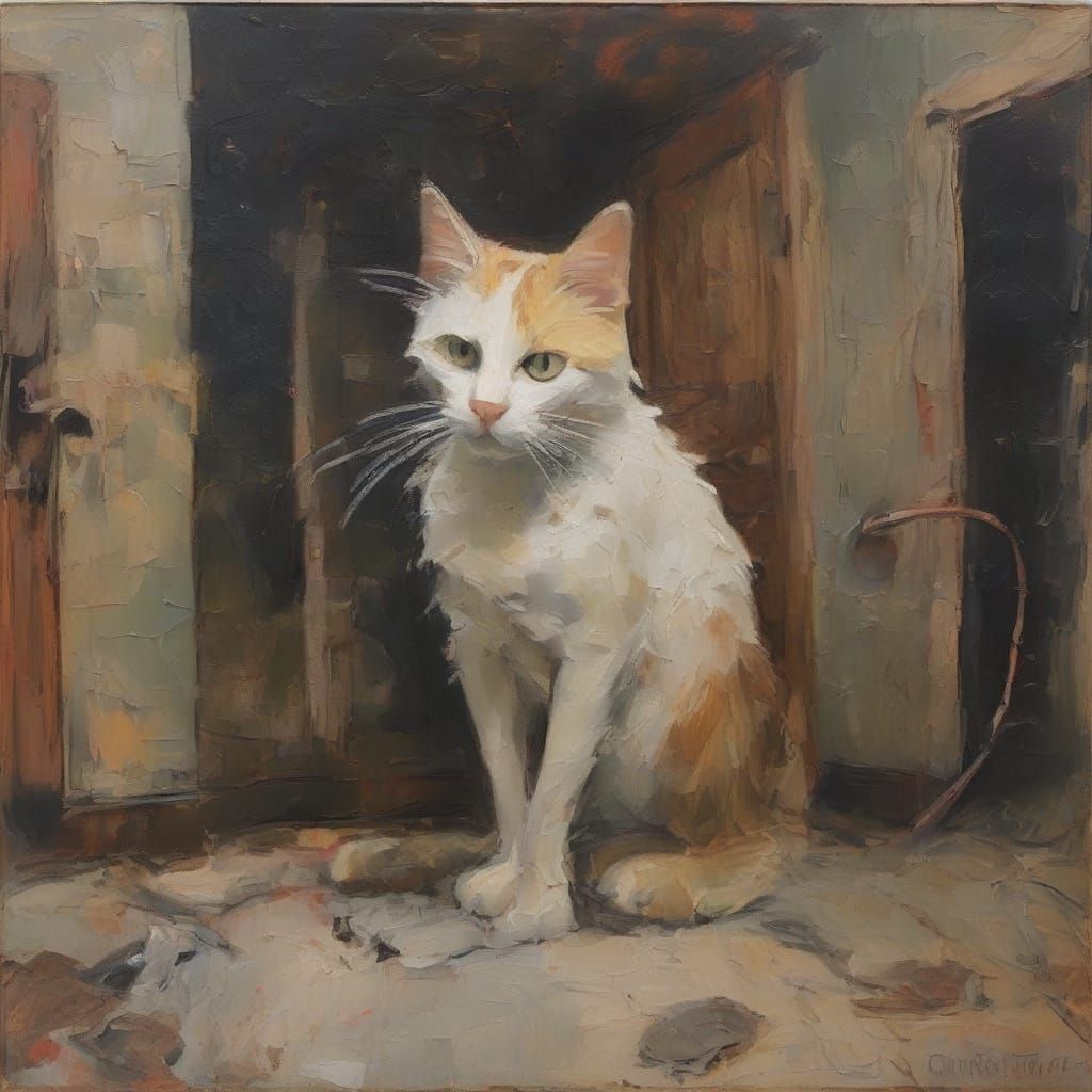 Expressive Oil Painting of Cat Playing with Robot Mouse