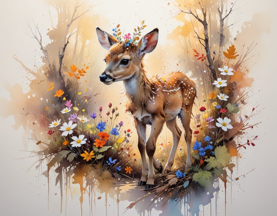 Adorable Fawn on Sunlit Autumn Forest Path