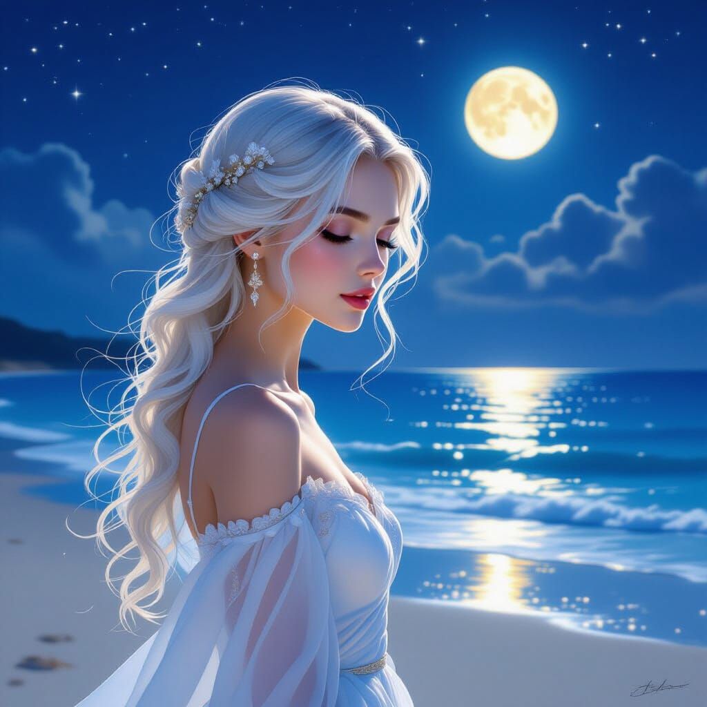 Ethereal Woman on Moonlit Beach in Digital Painting Style