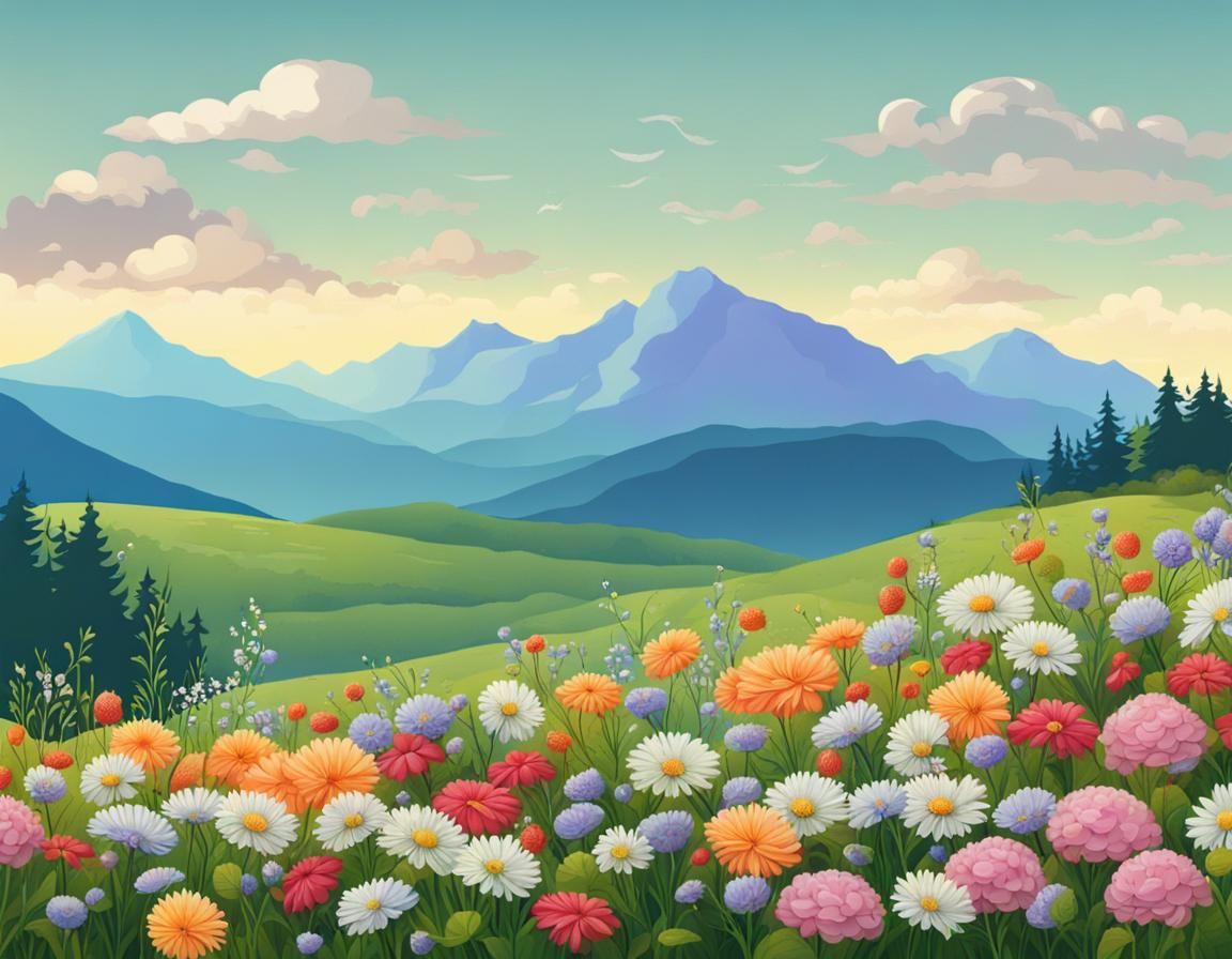 Picturesque Country Landscape with Mountain Flowers