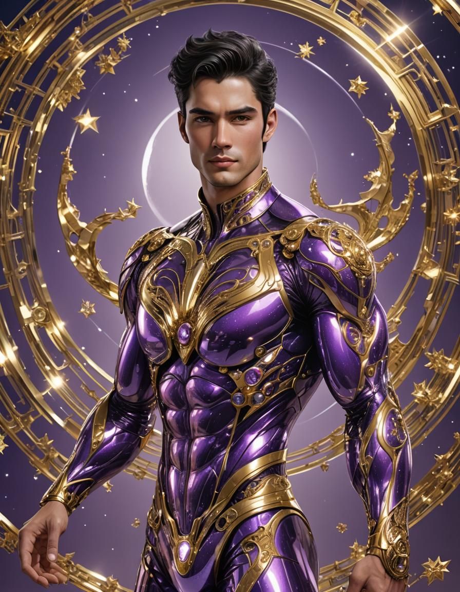 Handsome Man in Violet Super Suit, Photorealistic