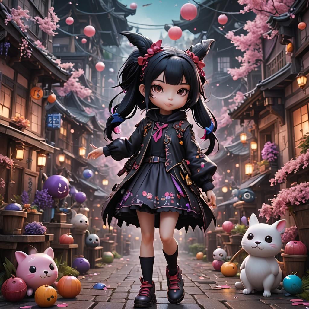 Girl in POPI Kuromi Style: Detailed Matte Painting