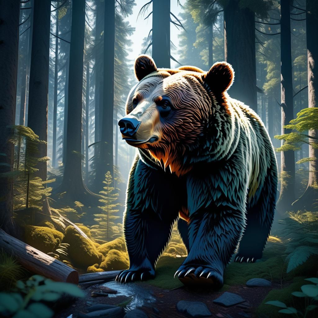 Double Exposure of Bear and Forest in Matte Painting
