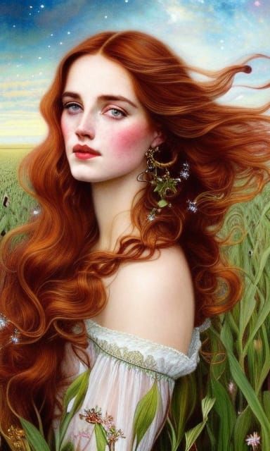 Freckled Girl in Cornfield Under Twilight Sky