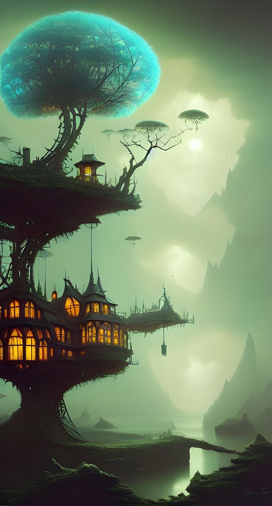 Surreal Floating Treehouse in Dark Fantasy Style