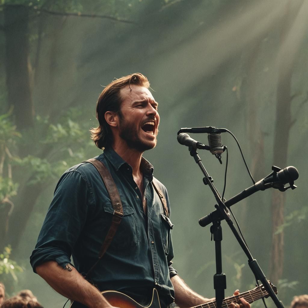 Dramatic Film Still of Man Singing