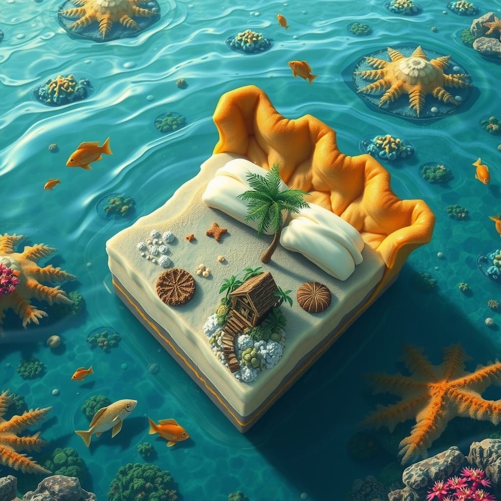 Pie Slice Floating in Crystalline Sea, Dreamlike Scene