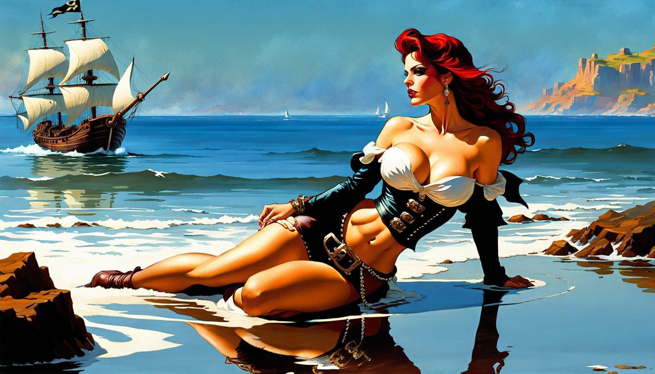 in frank frazetta style in romatic morning
at a fantasy loney white seabank at calm glittering sea shore gorgeous pirate