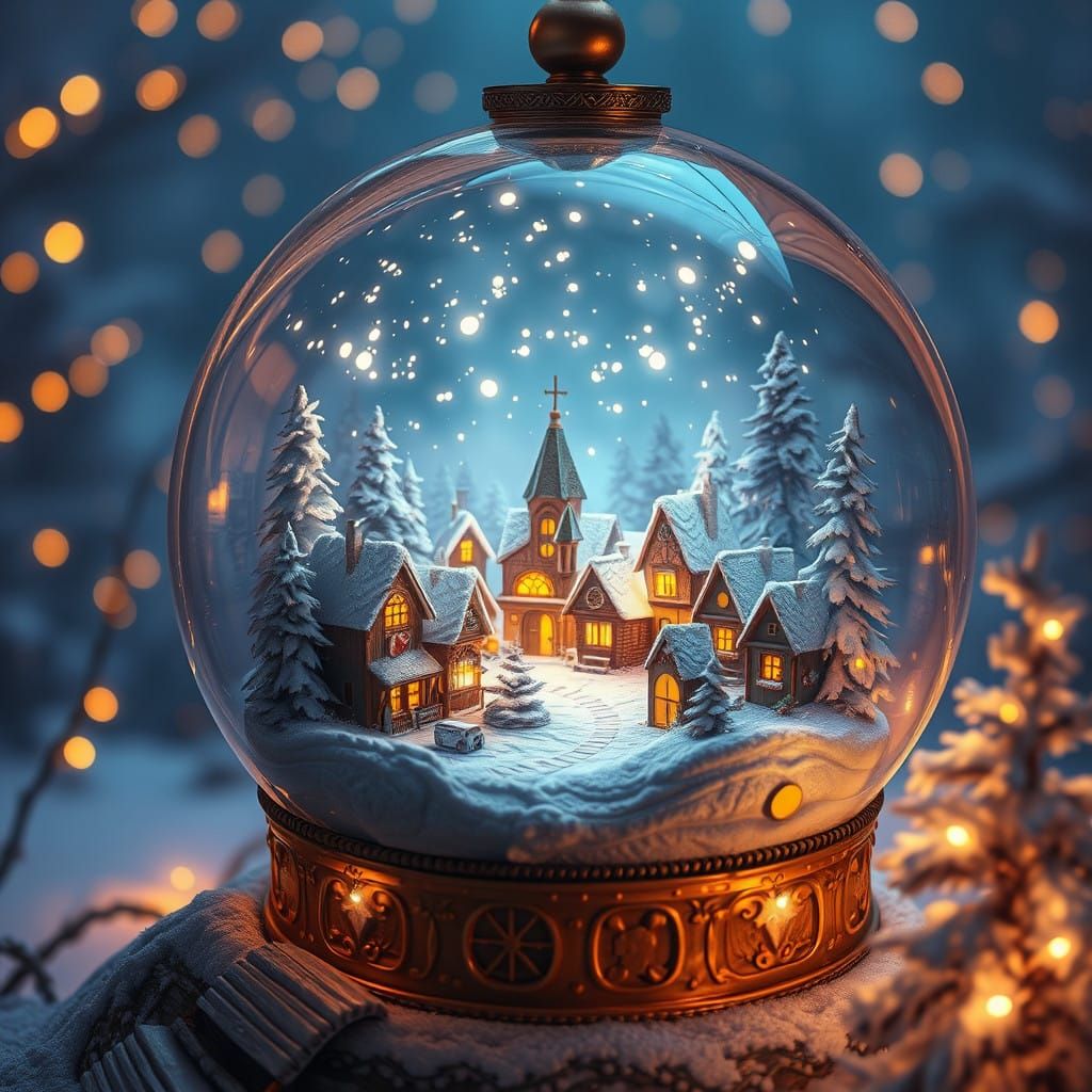Magical Winter Village Snow Globe Scene in Whimsical Fairyta...