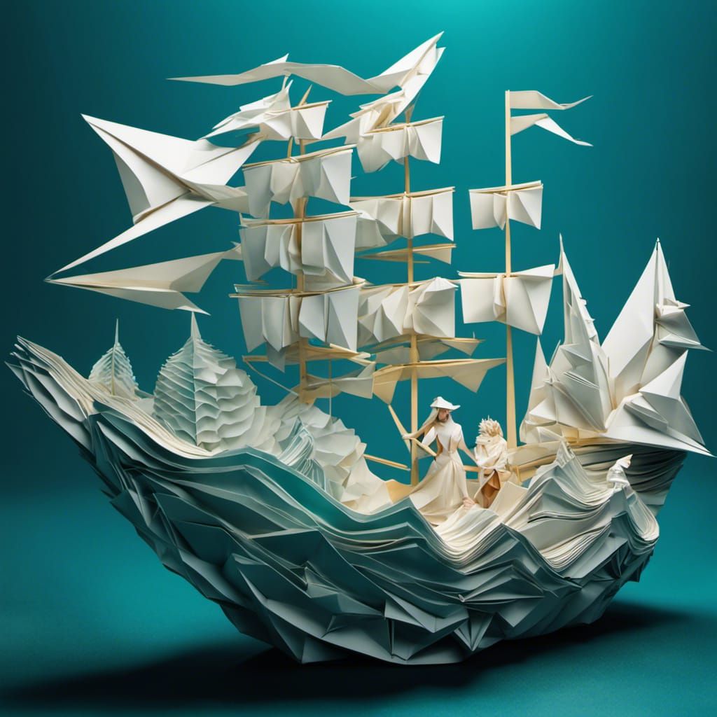 Origami Papercraft Ship with Mermaid in 3D Render