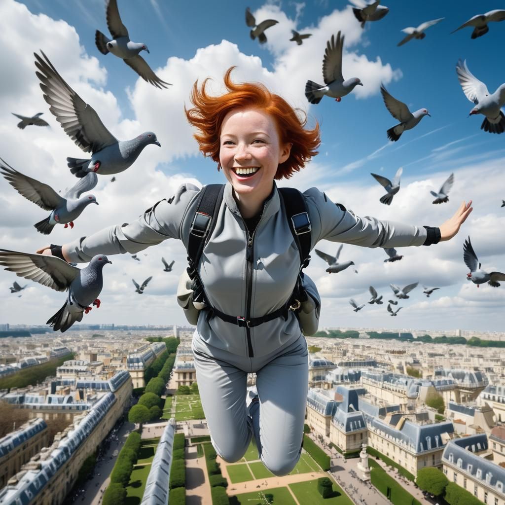 Redhead Skydiver with Pigeons Over Paris as Graffiti