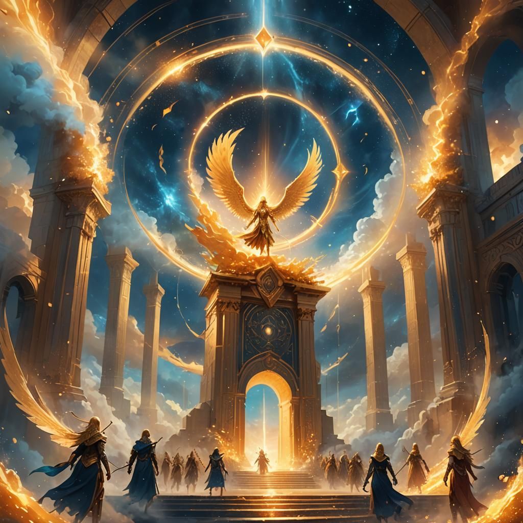 Valkyries Descending Through Golden Portal: Fantasy Art