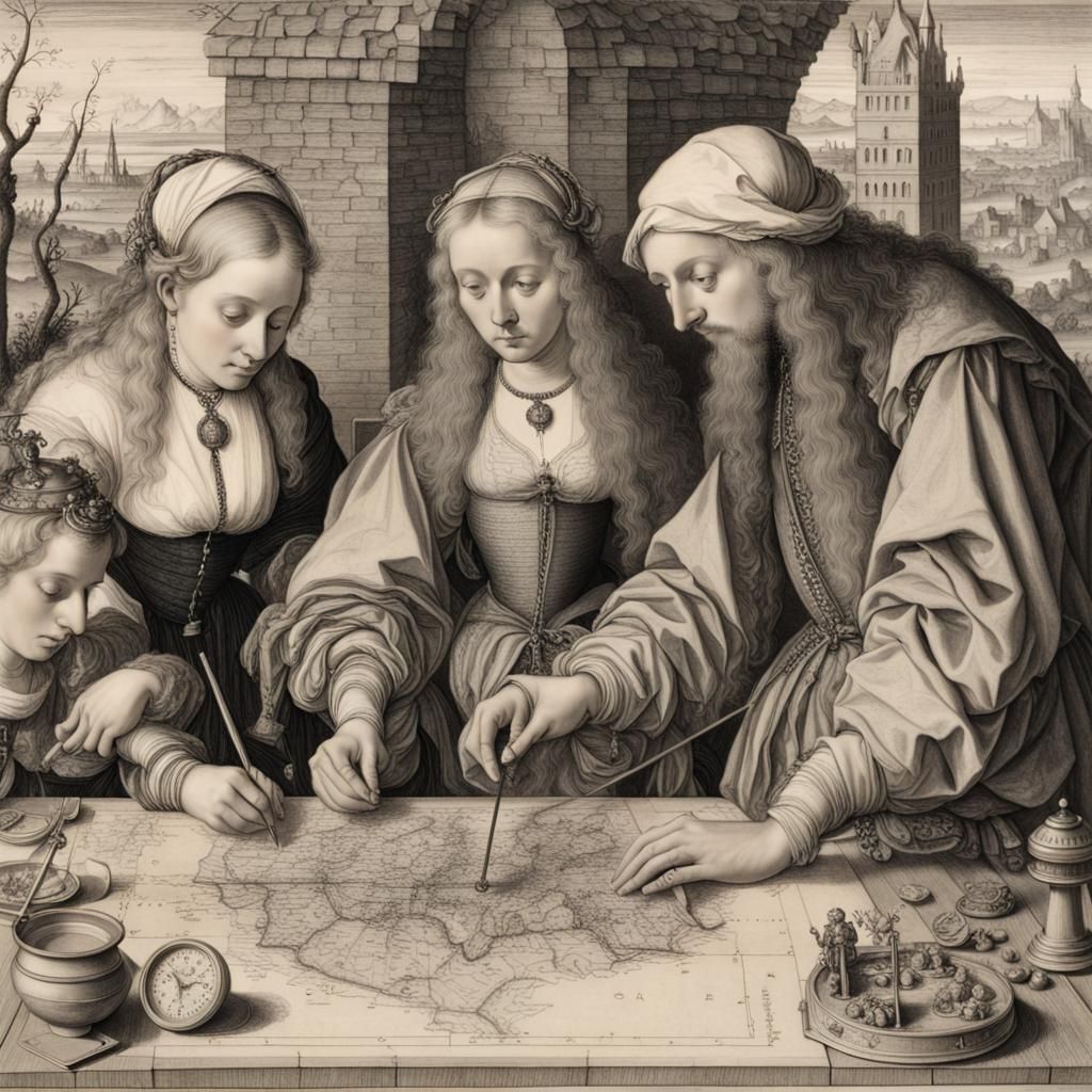 People Studying Map with Miniatures in Charcoal