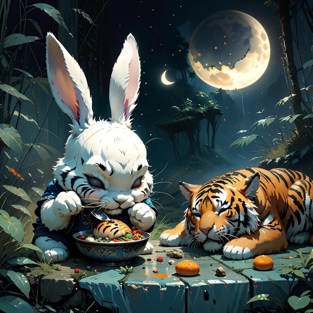 Chibi Rabbit Eats Next to Sleeping Tiger