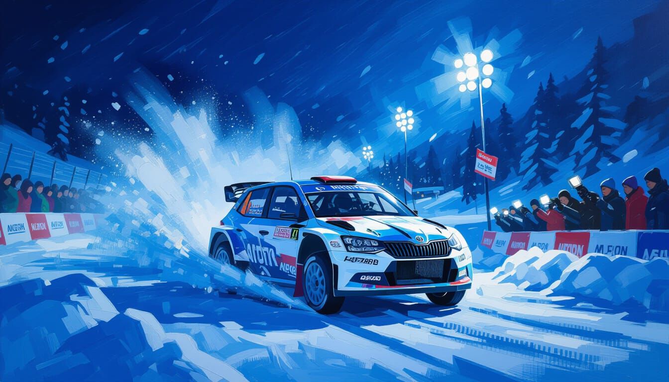 Skoda Fabia Rally Car Drifting in Snowy Night