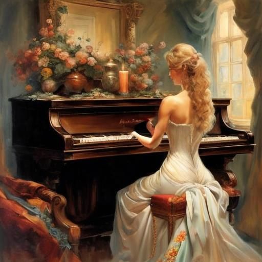 Elegant Girl Skillfully Plays Piano: Retro Fantasy Art