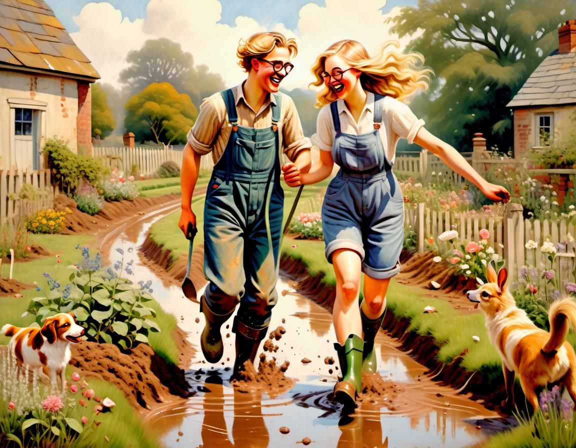 Romantic Couple Digging Garden in Golden Age Oil Painting