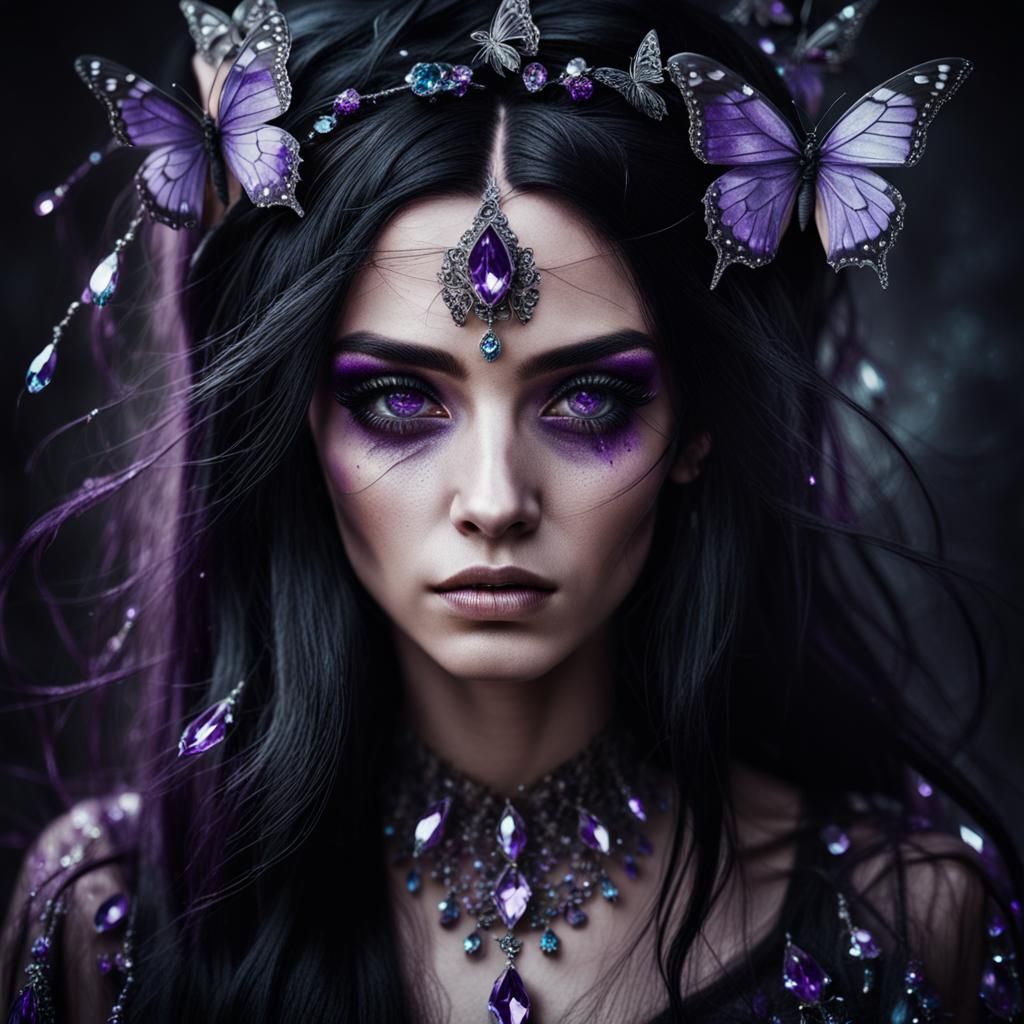 Young Witch Portrait with Crystals and Butterflies