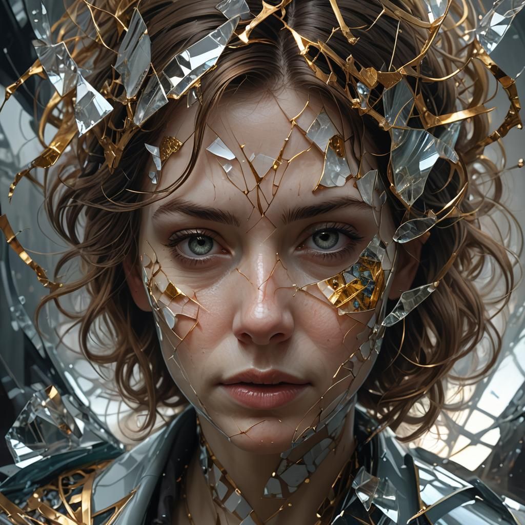 Cracked Porcelain Woman Portrait with Fractal Details