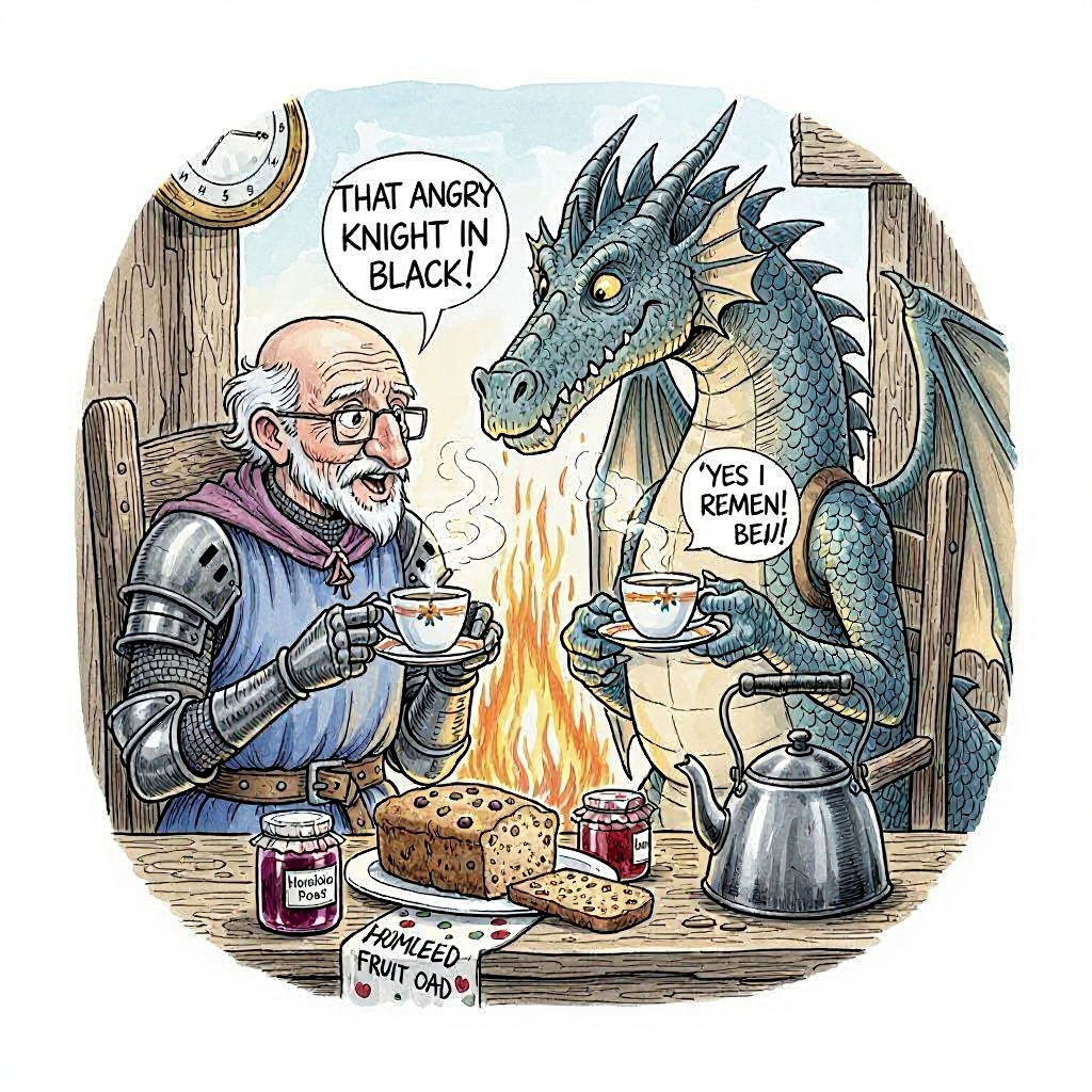 Knight and Dragon Enjoy Tea in Pen-and-Wash Style