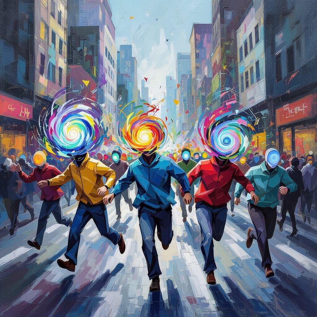 Abstract Chaos: Figures in Frenzied Cityscape