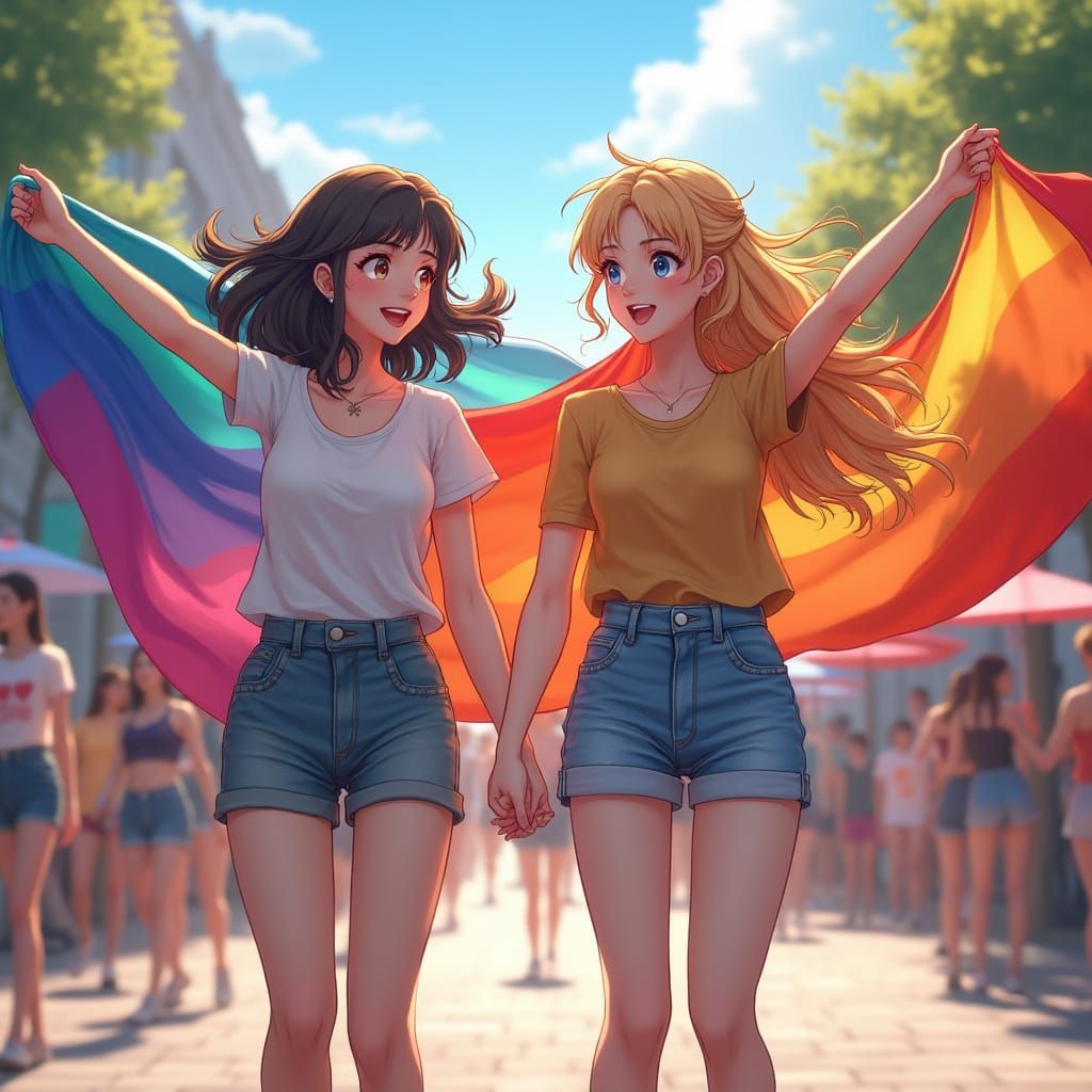 Vibrant Women in Rainbow Pride at a Joyous Parade