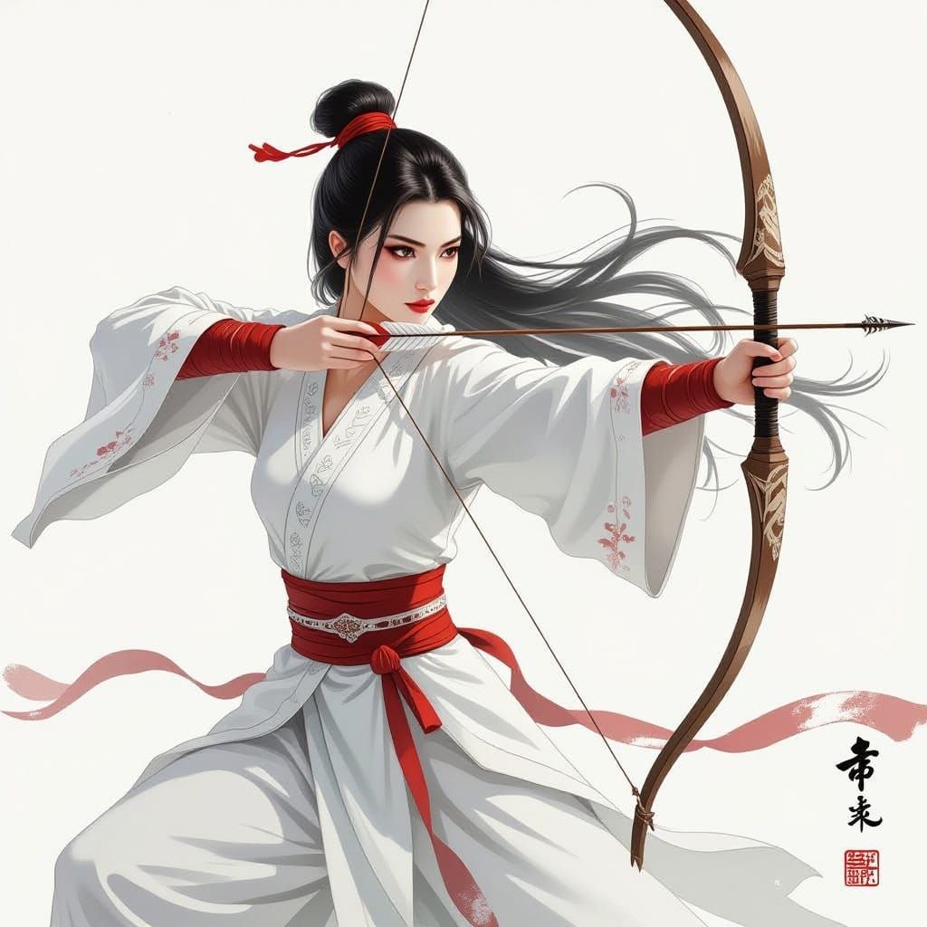 Chinese Archer in White Warrior Outfit, Ink Wash Painting St...