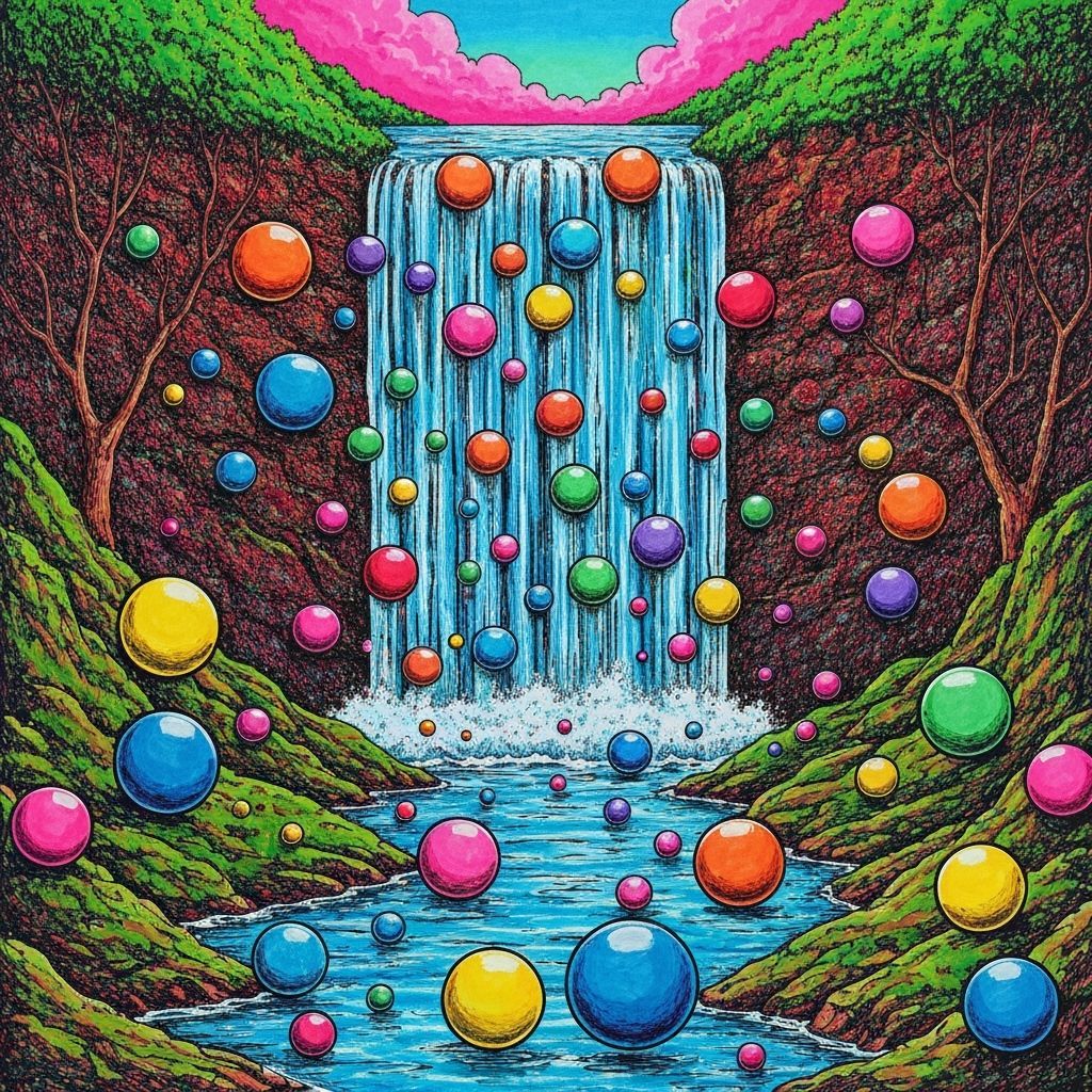 Psychedelic Sphere Waterfall in Hand-Drawn Style