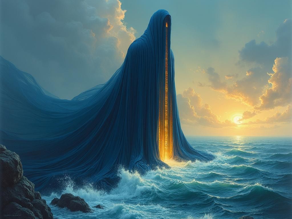 Skyscraper in Blue Robe: Surrealist Seascape