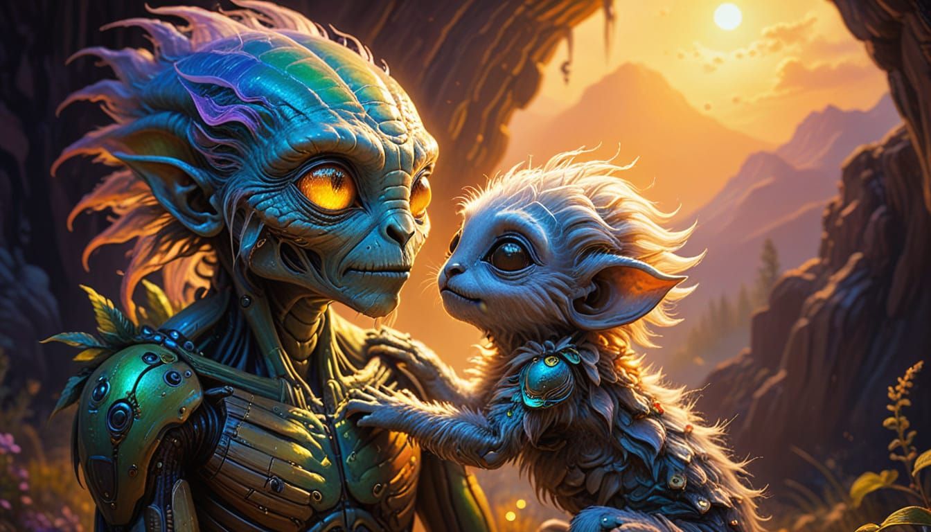 Zuchon Nurturing Alien in Vibrant Oil Painting