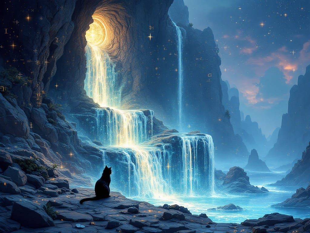 Surreal Cat Contemplates Mathematical Mysteries Amidst Biolu...