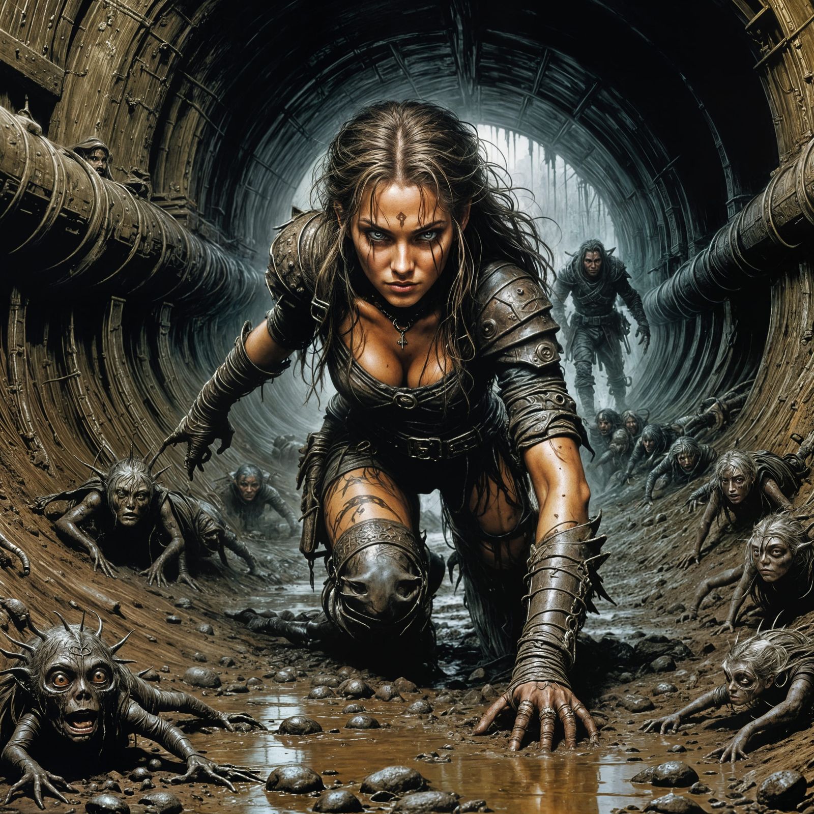 Adventuress Crawling Through Muddy Tunnel in Dark Fantasy St...