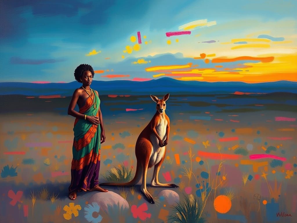 African Women Beside Kangaroo in Vast Landscape
