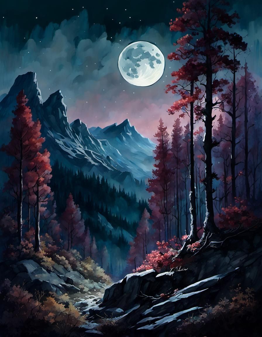 Night Spring Forest Landscape in Watercolour Style