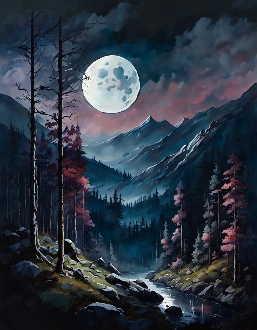 Night Mountain Forest in Watercolor Painting Style