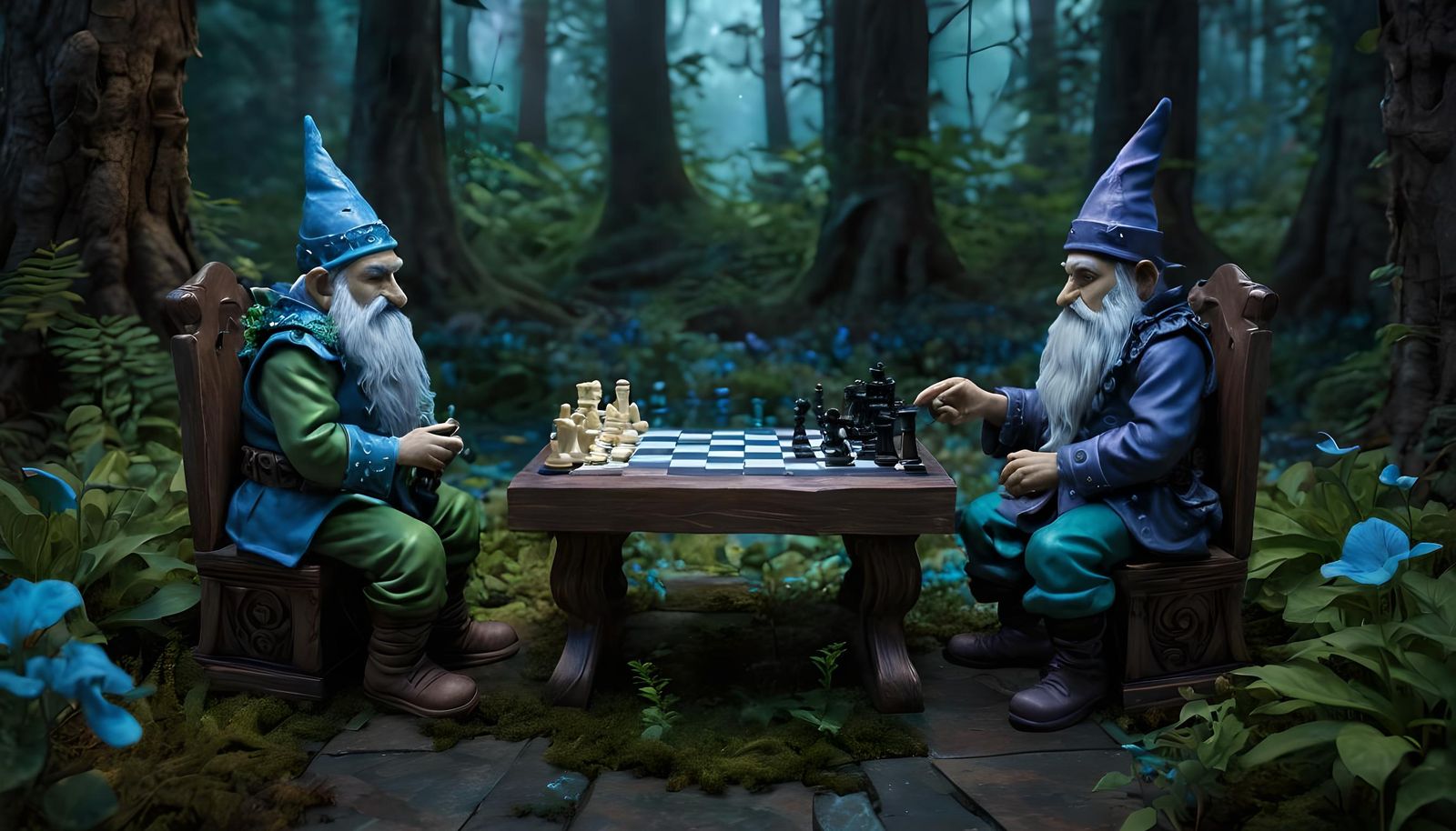 Gnomes Playing Chess in a Magical Forest