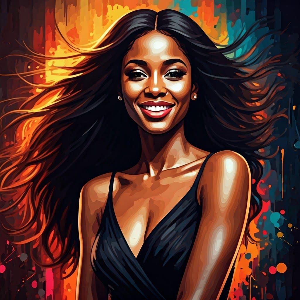 Radiant Woman in Black Dress, Watercolor Street Art