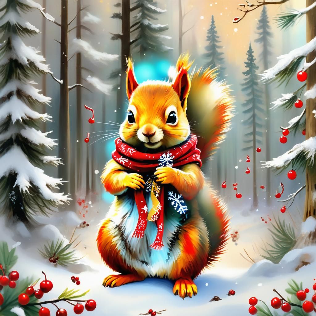 Christmas Squirrel in Symbolic Oil Painting