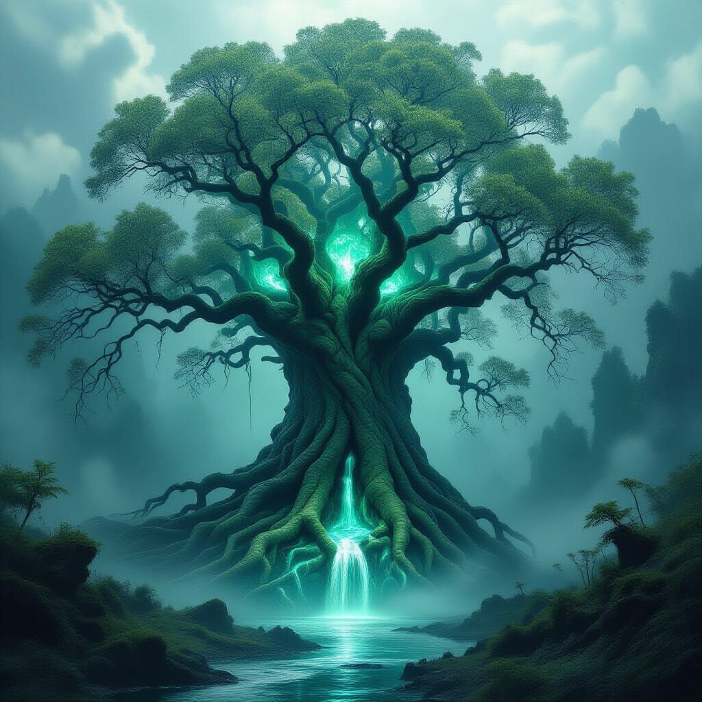 Ancient Obsidian Tree With Emerald Leaves In Misty Forest