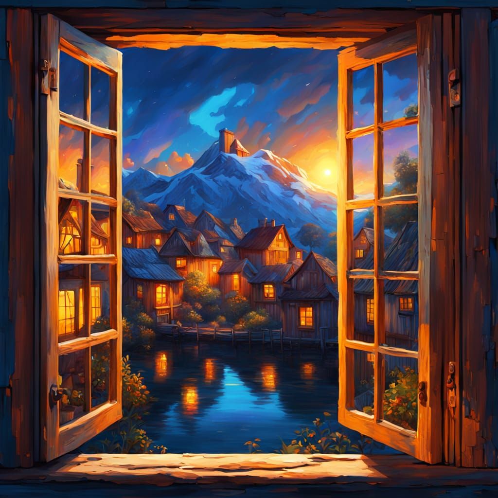 Village Seen Through Window in Gouache Style