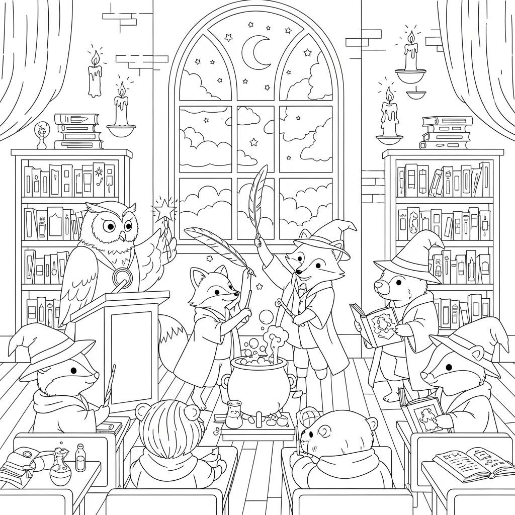 Animals at Wizard School: Coloring Book Page