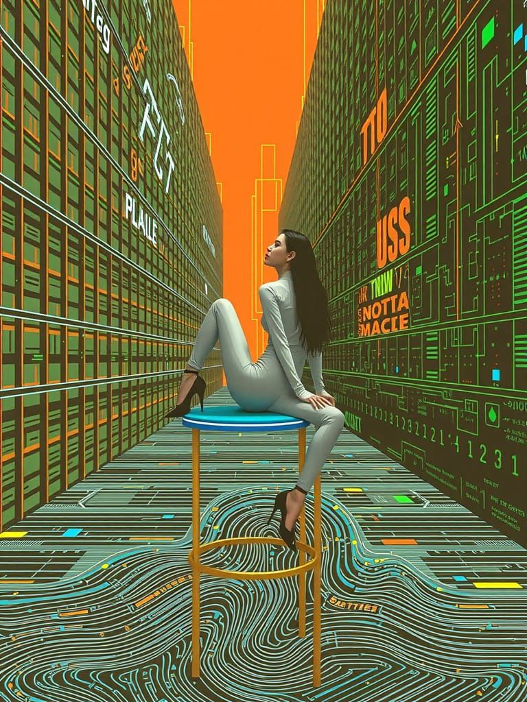 Glitch Art Woman in Liminal Space with Schematics