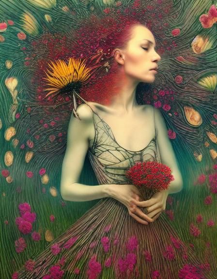 Woman with Flower in Warped Forest Perspective