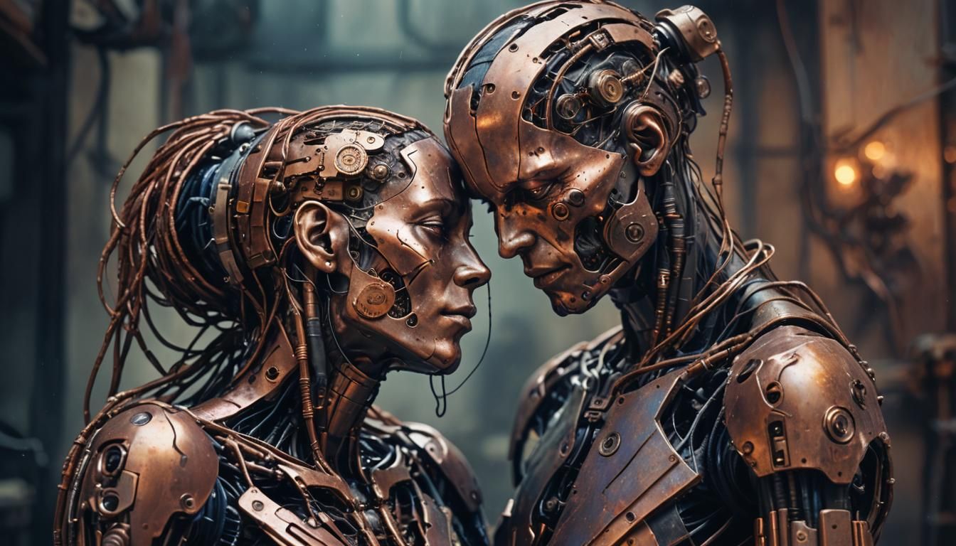 Cyberpunk Cyborg Couple in Pietà Pose