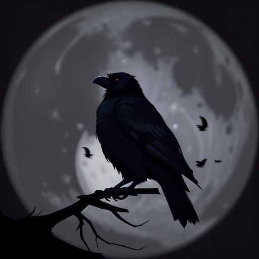 Moonlit Raven Perched on a Twisted Tree Branch