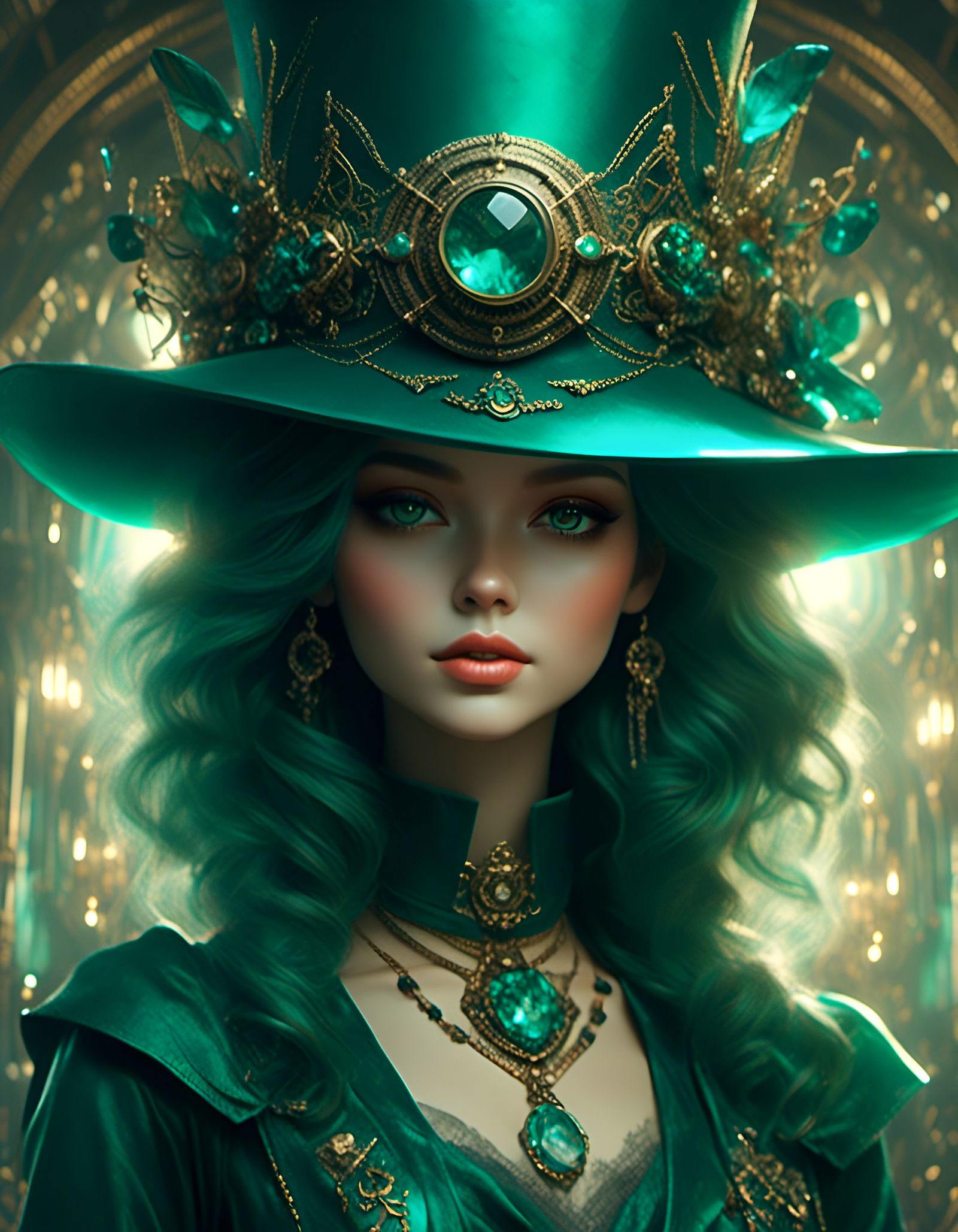 Woman in Green Hat: Cybermysticsteampunk Airbrush Art